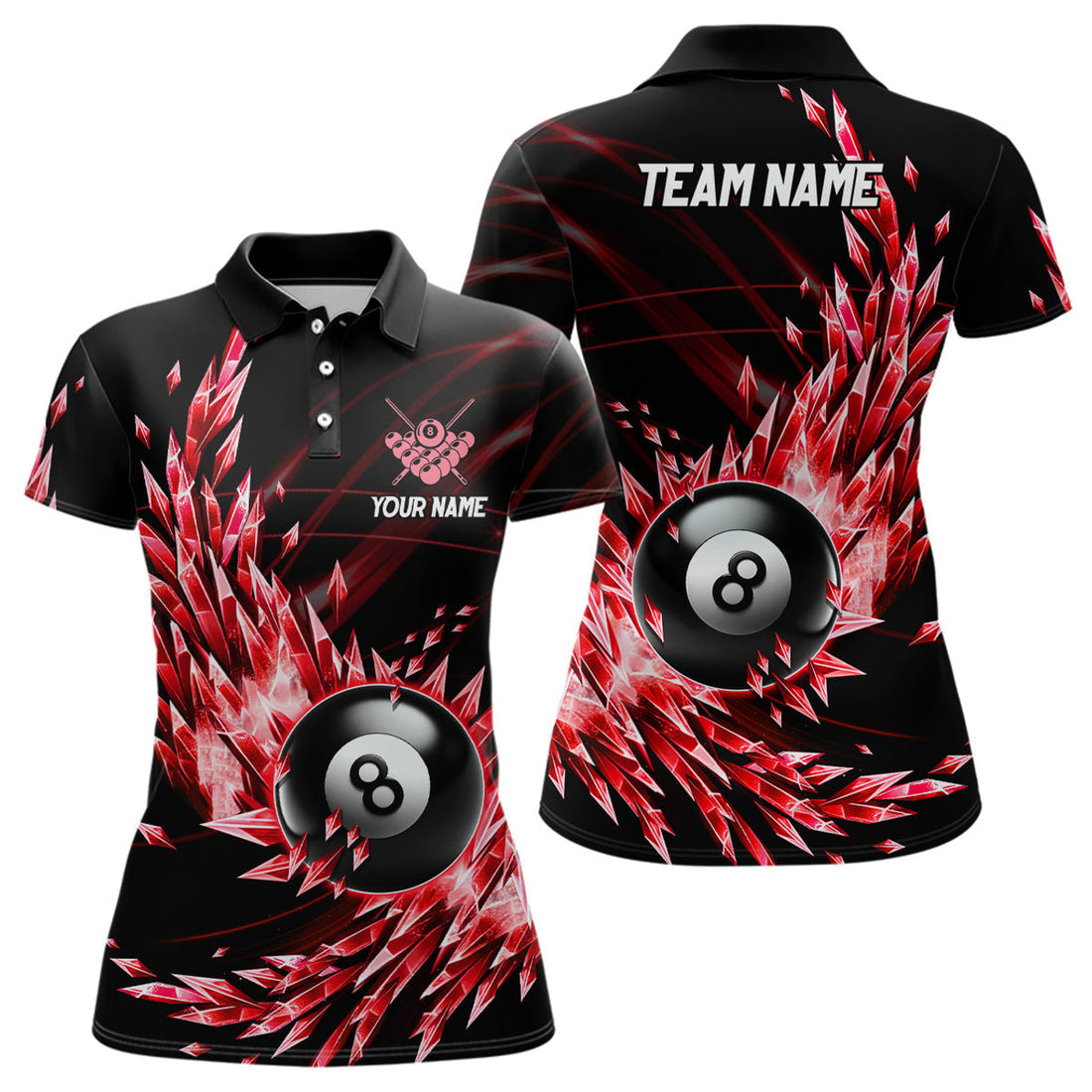 Custom 3D Red Frozen Ice Custom Women Billiard Polo Shirts, 8 Ball Pool Billiard Attire Jersey