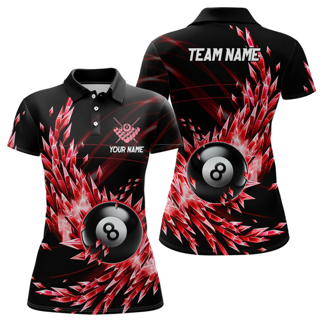 Custom 3D Red Frozen Ice Custom Women Billiard Polo Shirts, 8 Ball Pool Billiard Attire Jersey
