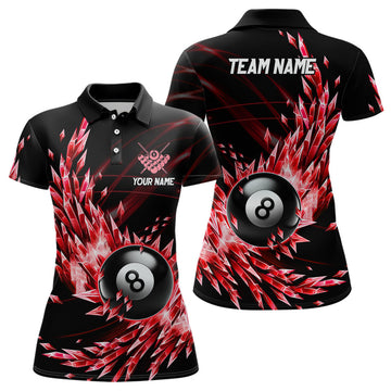 Custom 3D Red Frozen Ice Custom Women Billiard Polo Shirts, 8 Ball Pool Billiard Attire Jersey