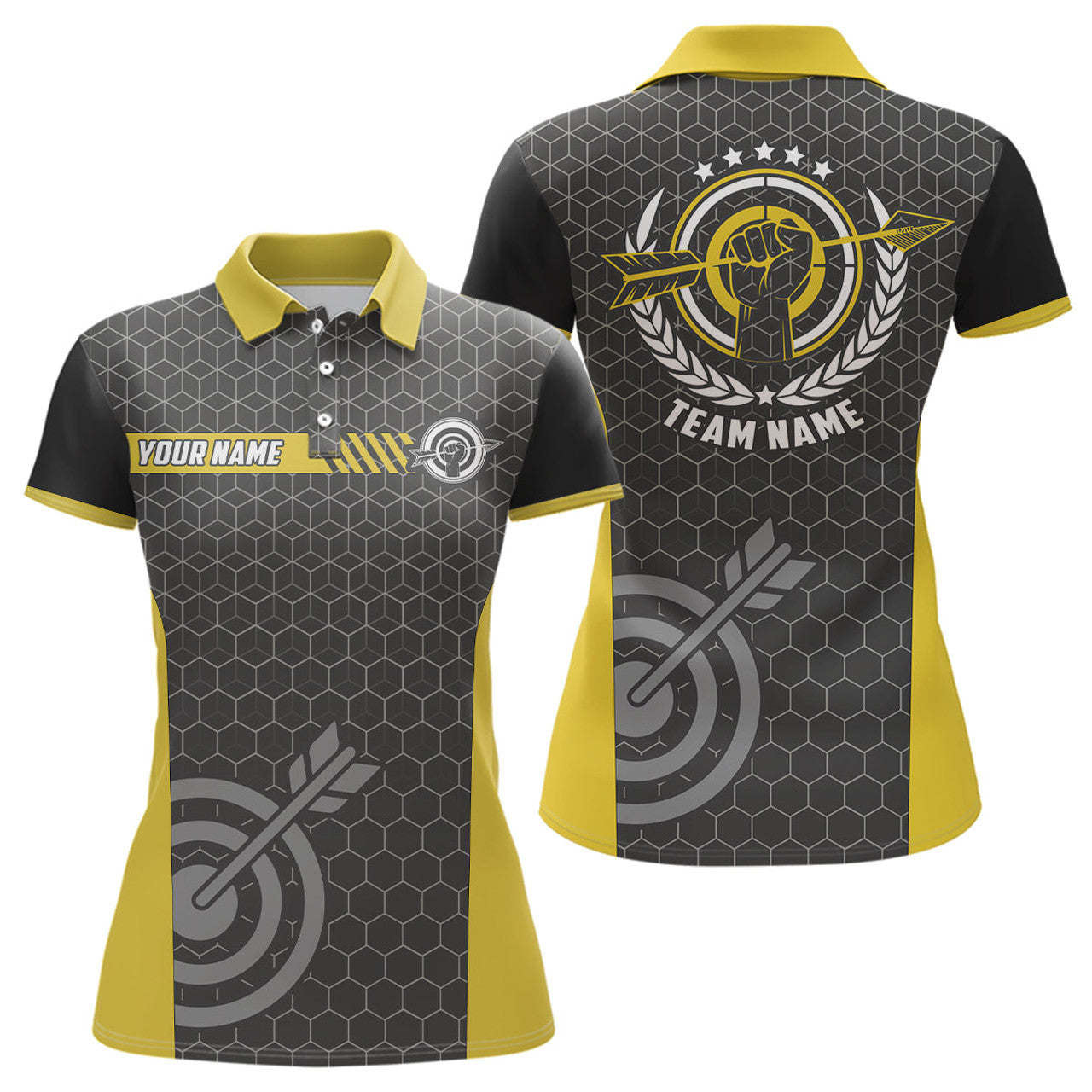Custom Yellow And Black Archery Target Women Polo Shirts Best Custom Team Name Archery Jerseys