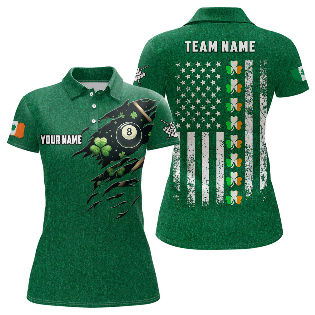 Custom St Patrick's Day American Flag Custom Women Billiard Polo Shirts, Green Patrick Billiard Shirts