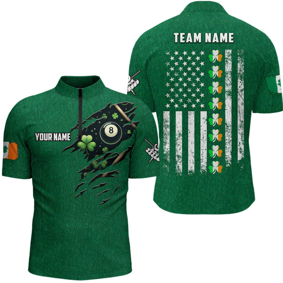 Custom St Patrick's Day US Flag Custom Men Billiard Quarter-Zip Green Patrick Billiards Shirts