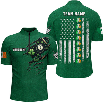 Custom St Patrick's Day US Flag Custom Men Billiard Quarter-Zip Green Patrick Billiards Shirts