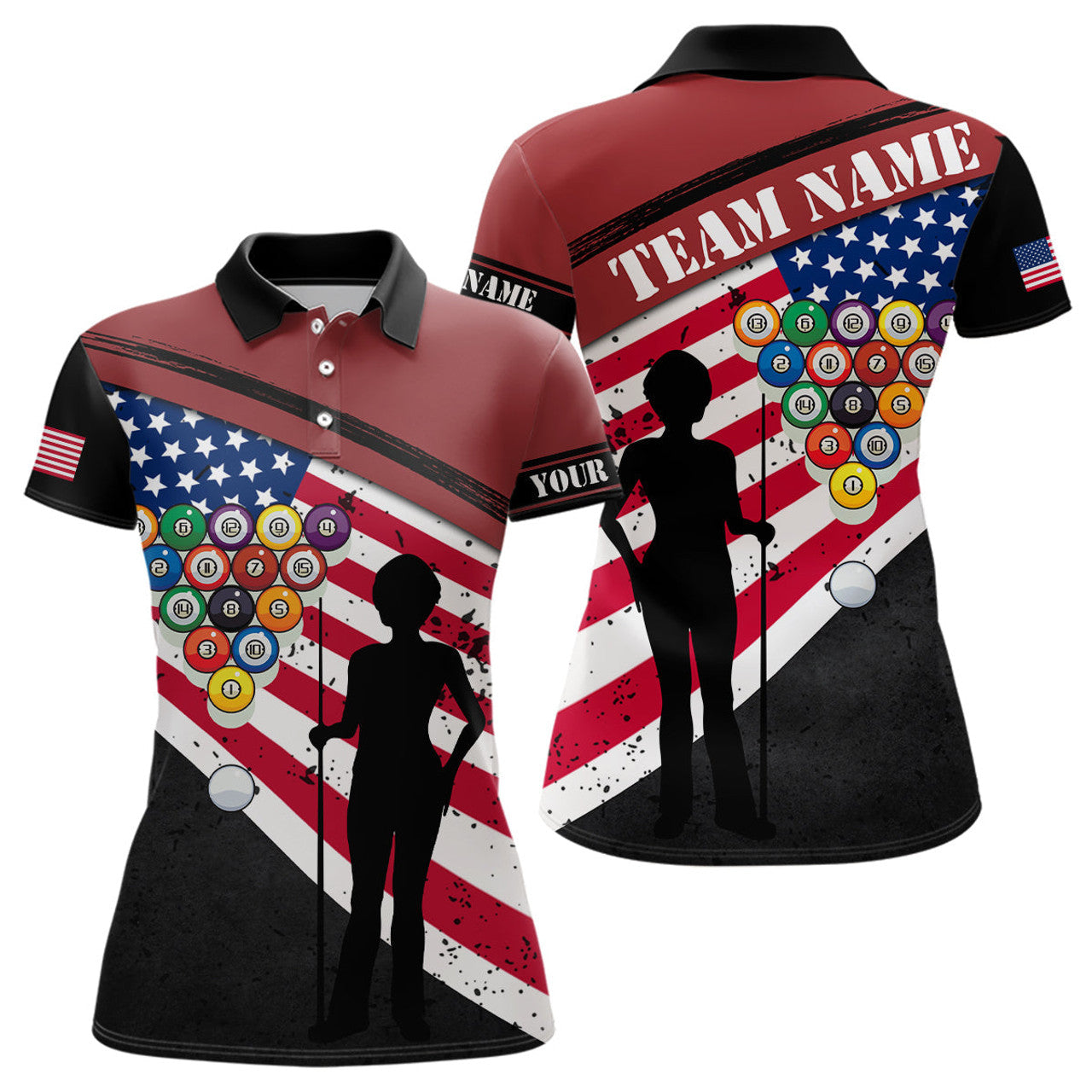Custom Black Red American Flag Billiard 3D Printed Polo Shirts For Women Custom Pool Player Shirts