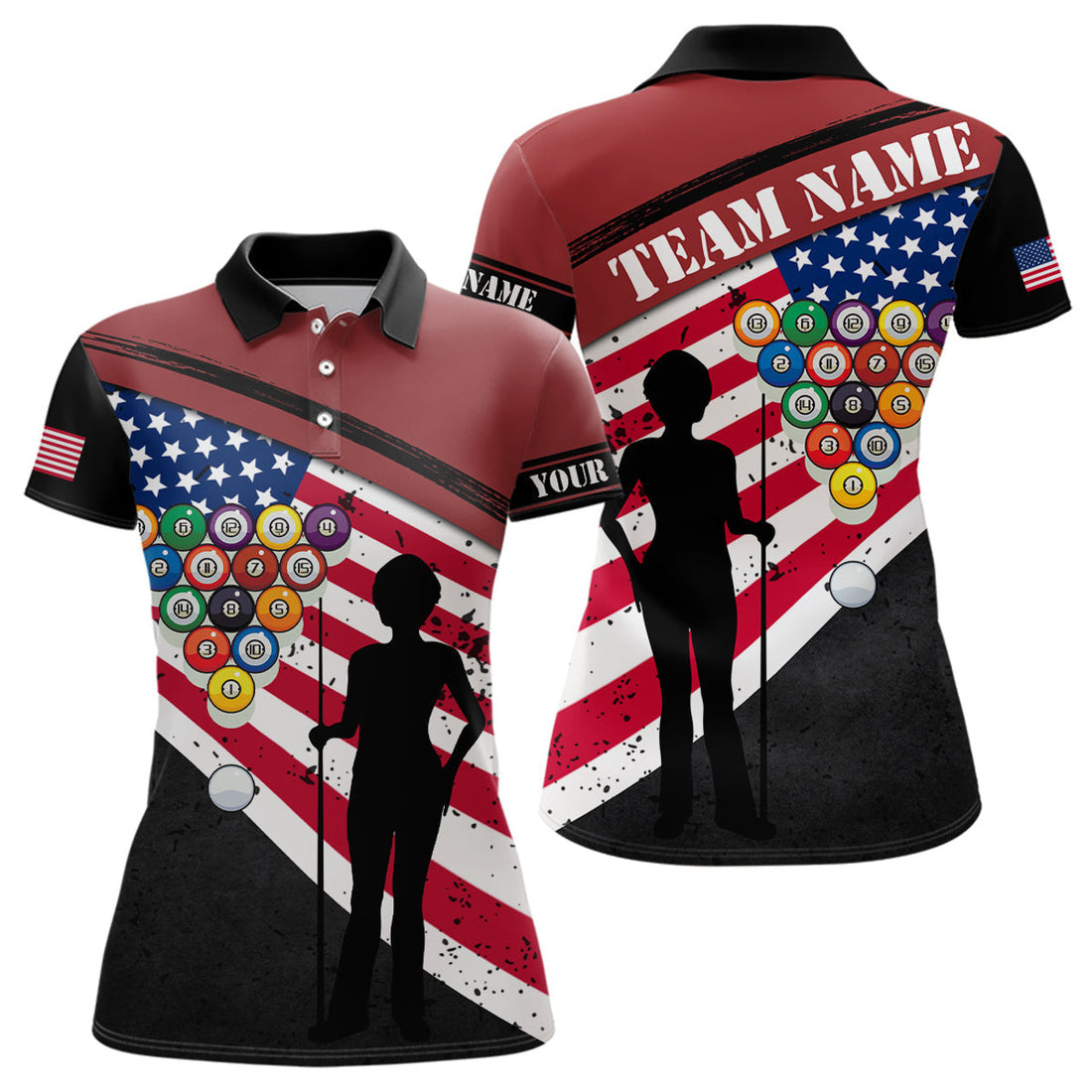 Custom Black Red American Flag Billiard 3D Printed Polo Shirts For Women Custom Pool Player Shirts