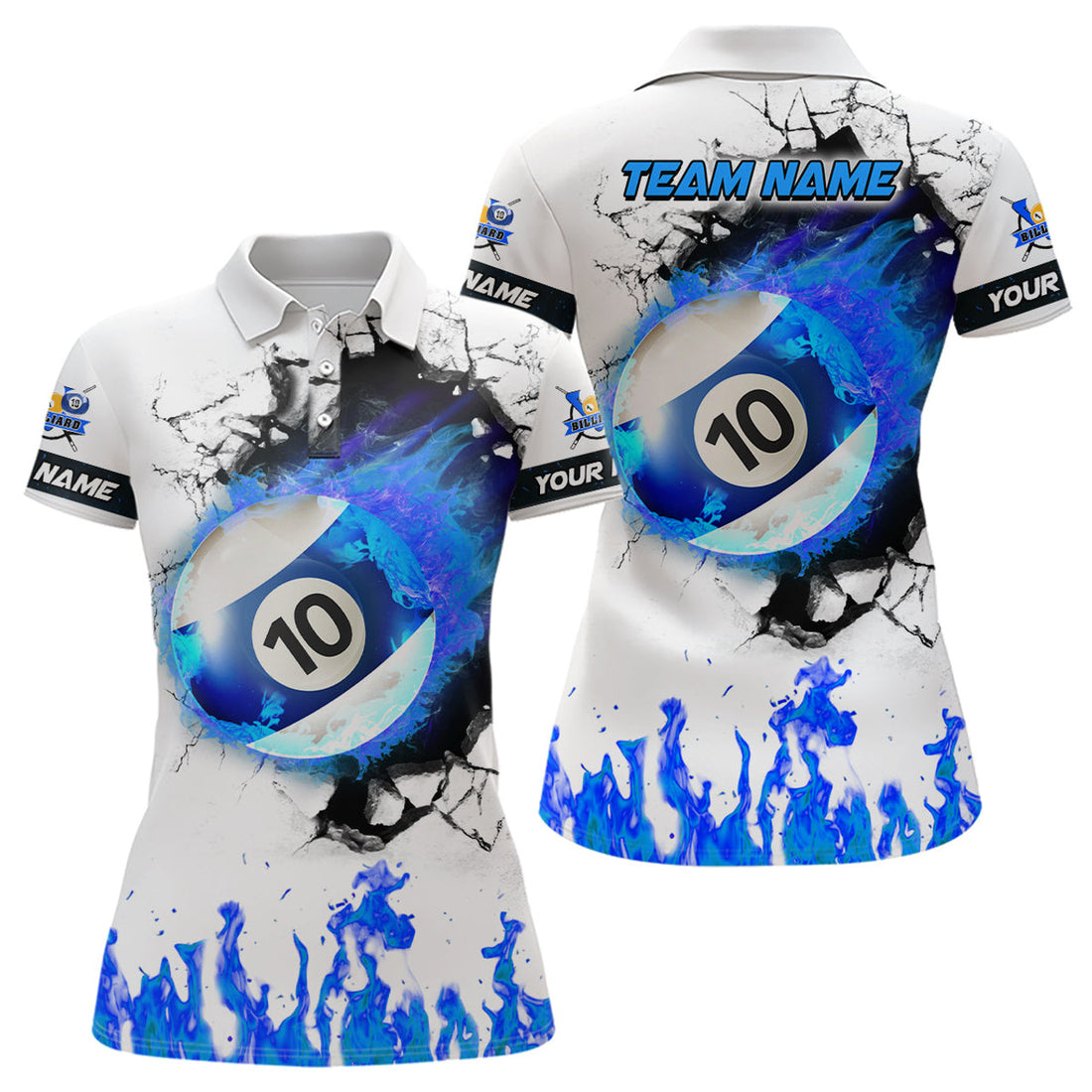Custom Personalized Blue Flaming 10 Ball Pool Billiard Polo Shirts For Women, 10 Ball Billiard Apparel
