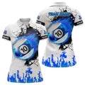 Custom Personalized Blue Flaming 10 Ball Pool Billiard Polo Shirts For Women, 10 Ball Billiard Apparel