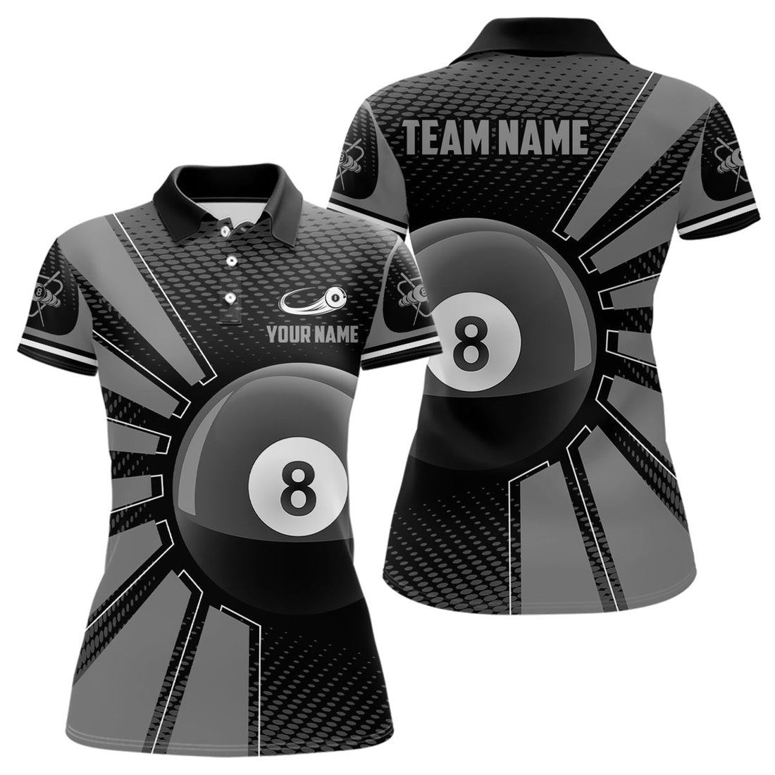 Custom Billiard 8 Ball Grey Version Personalized Name 3D Polo Shirts For Women Custom Team Billiard Shirts