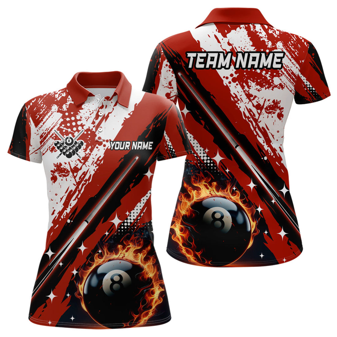 Custom Personalized Billiard Cue 8 Ball Pool Grunge Style Women Polo Shirts, Best Billiard Jerseys |Red