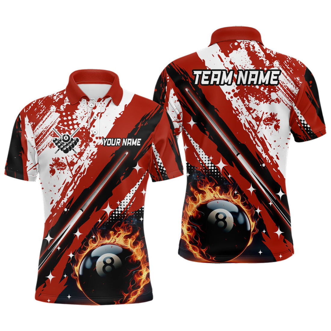 FUNSTUFFPRINT Personalized Billiard Cue 8 Ball Pool Grunge Style Men Polo Shirt Size S-5XL