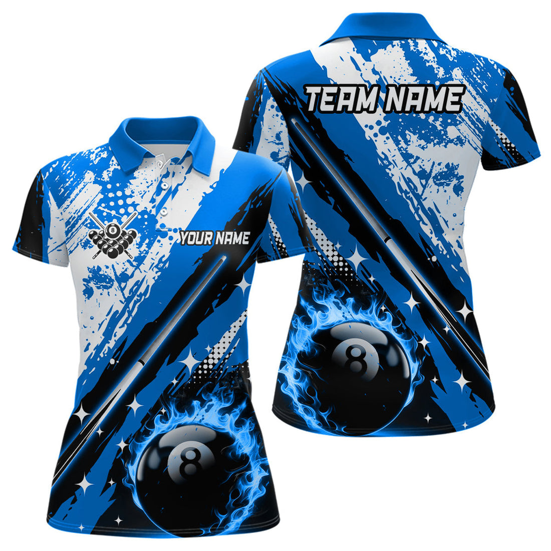 Custom Personalized Billiard Cue 8 Ball Pool Grunge Style Women Polo Shirts, Best Billiard Jerseys |Blue
