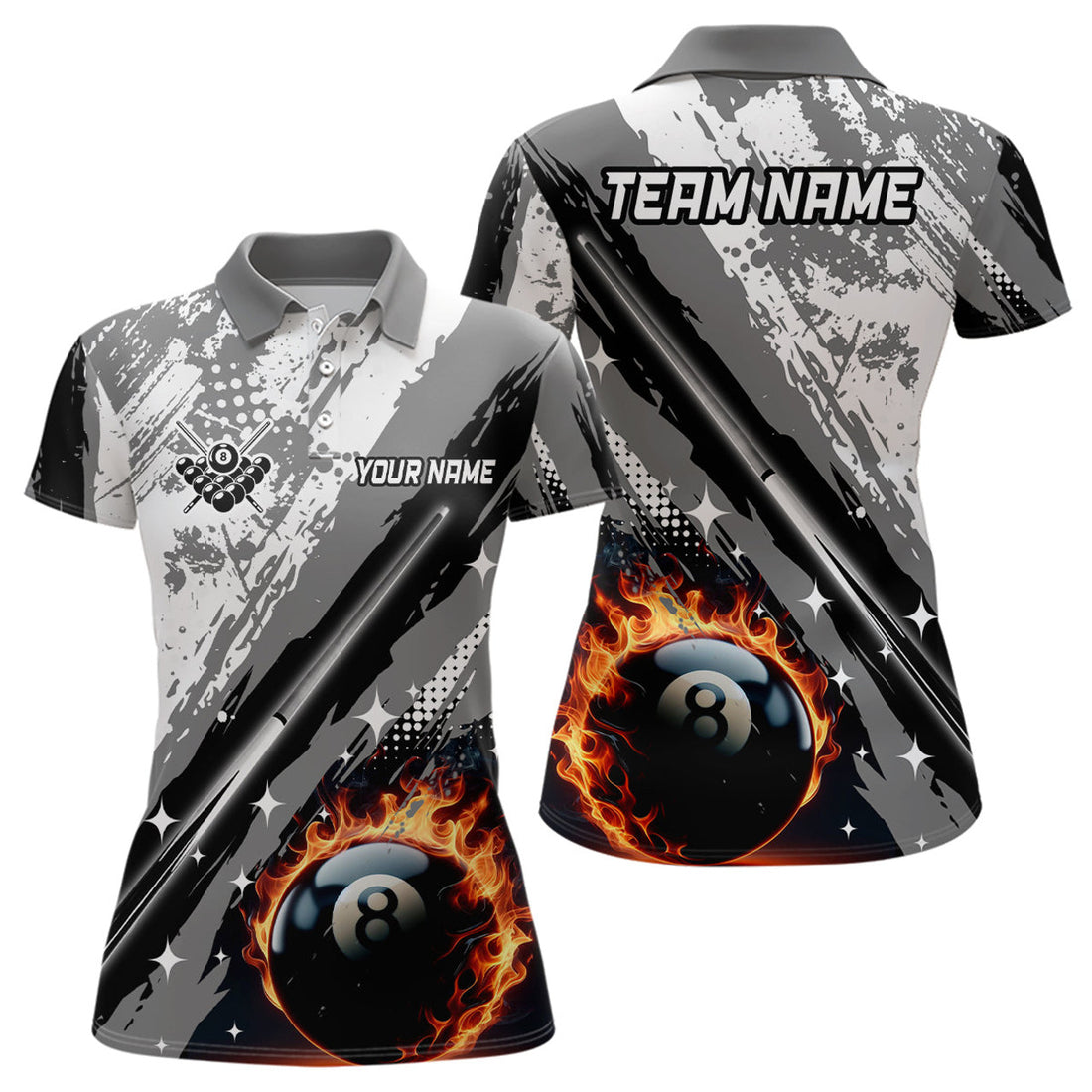 Custom Personalized Billiard Cue 8 Ball Pool Grunge Style Women Polo Shirts, Best Billiard Jerseys |Grey