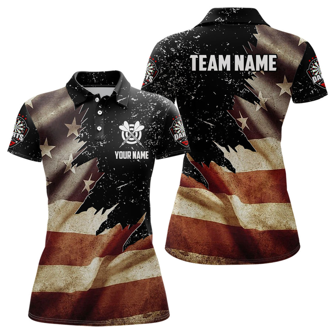 Custom Personalized Retro American Flag Dart Polo Shirts For Women Custom Patriotic Dart Jerseys Uniform