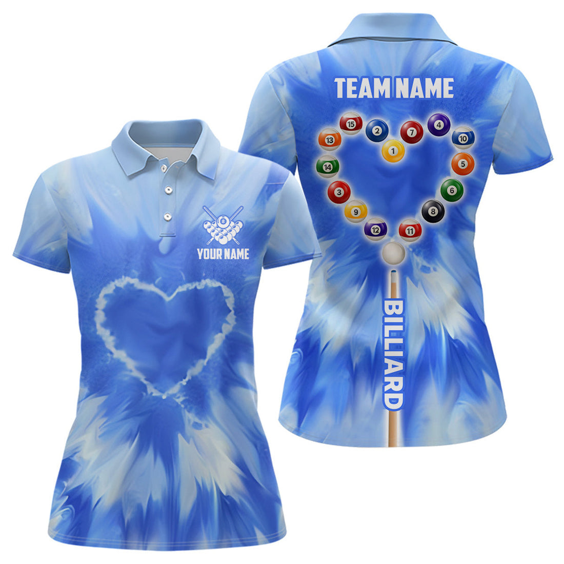 Custom Personalized Blue Tie Dye With Heart Billiard Women Polo Shirts Custom Unique Billiard Shirts Gifts