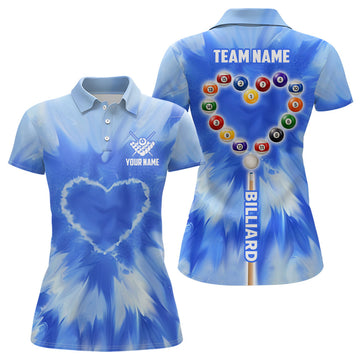 Custom Personalized Blue Tie Dye With Heart Billiard Women Polo Shirts Custom Unique Billiard Shirts Gifts