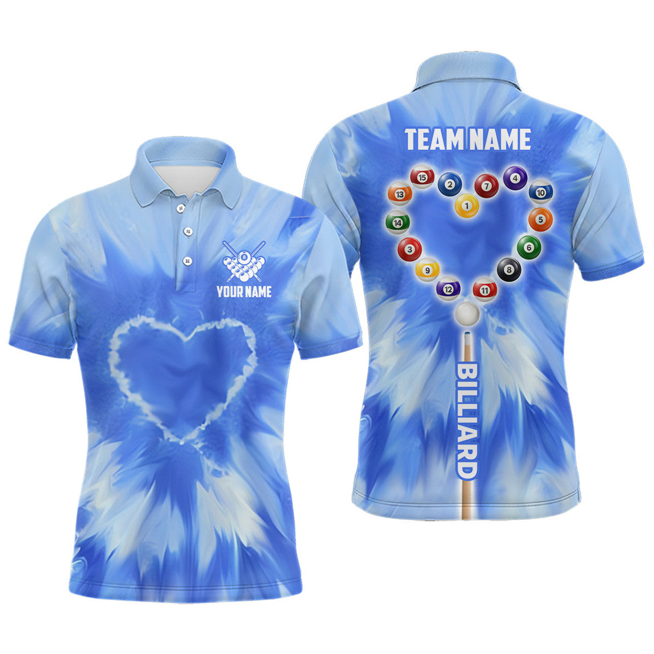 Personalized Blue Tie Dye With Heart Billiard Men Polo Shirts Custom Unique Billiard Shirts Gifts