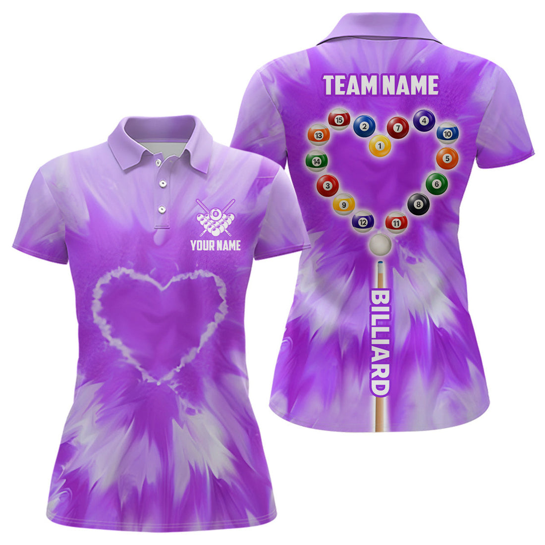 Custom Personalized Purple Tie Dye With Heart Billiard Women Polo Shirts Custom Unique Billiard Shirts Gifts