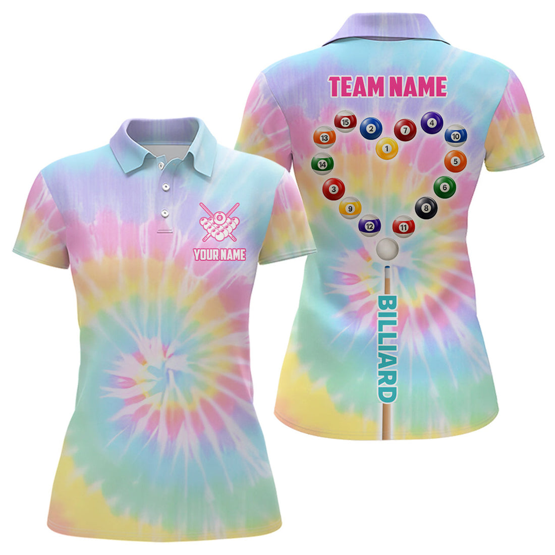 Custom Personalized Colorful Tie Dye With Heart Billiard Women Polo Shirts, Unique Billiard Shirts Gifts
