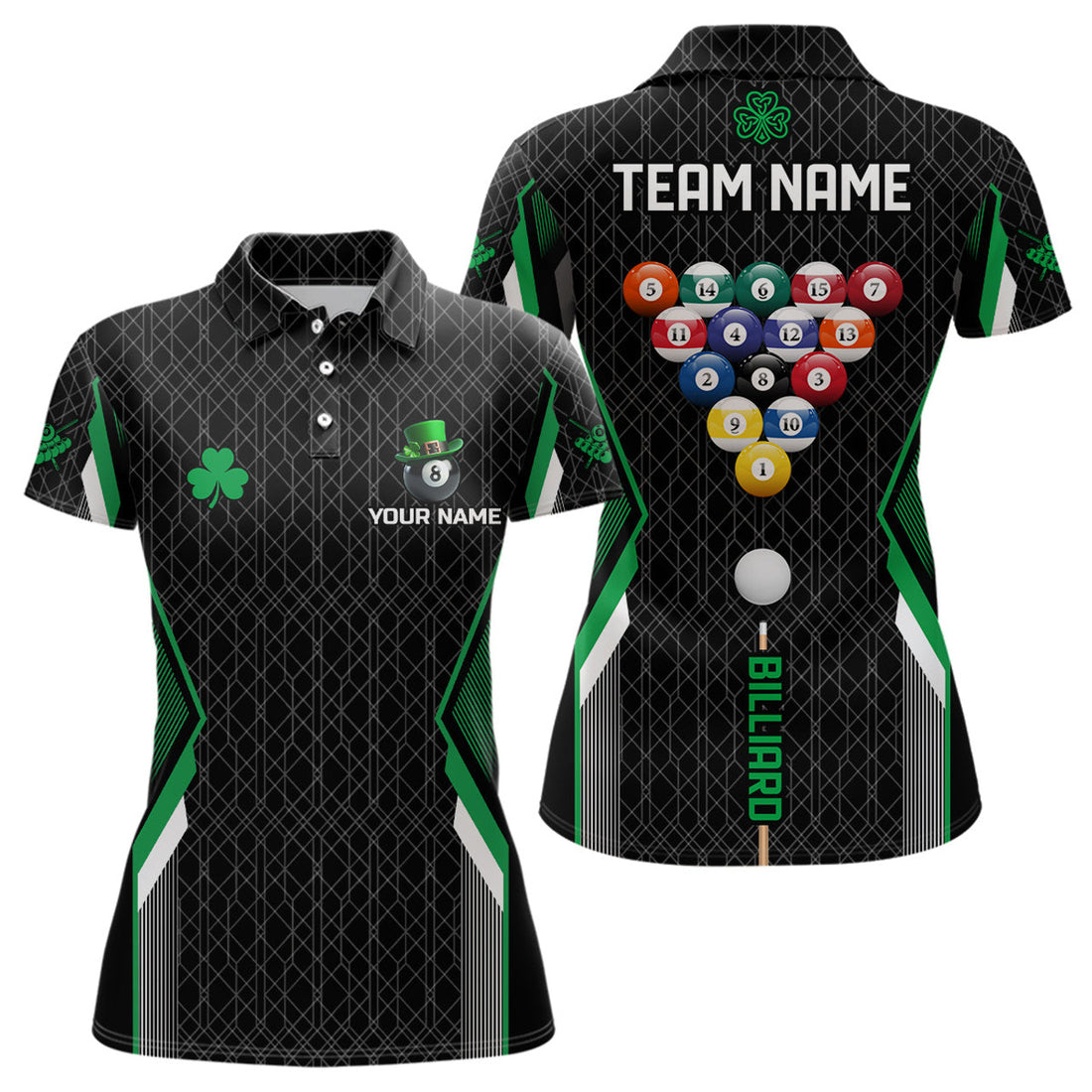 Custom St Patrick Day Lucky Billiard Balls Personalized Women Polo Shirts, Green Patrick Billiard Jerseys