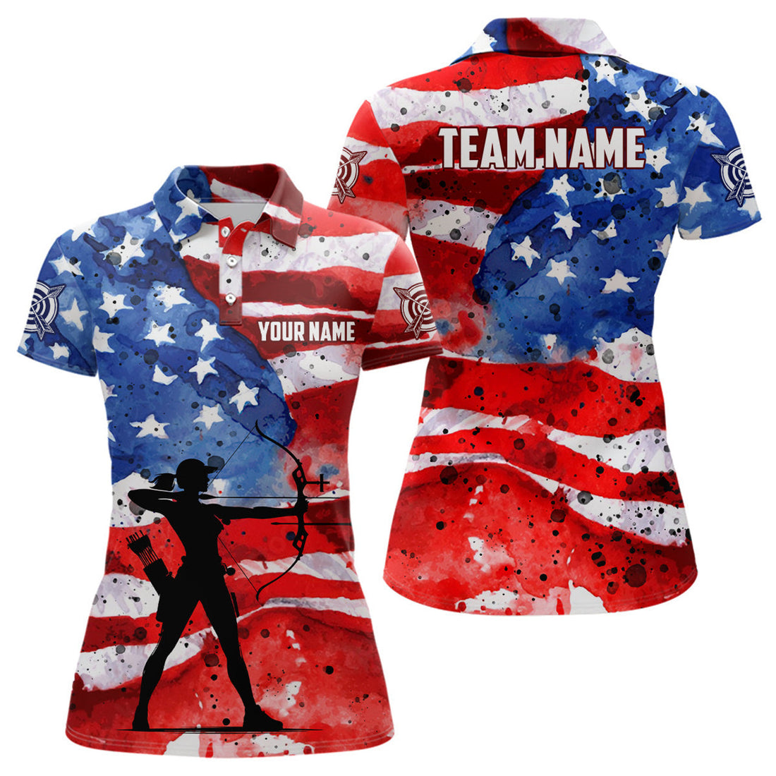 Custom Personalized Vintage American Flag Women Archery Polo Shirts, Patriotic Archery Player Shirts