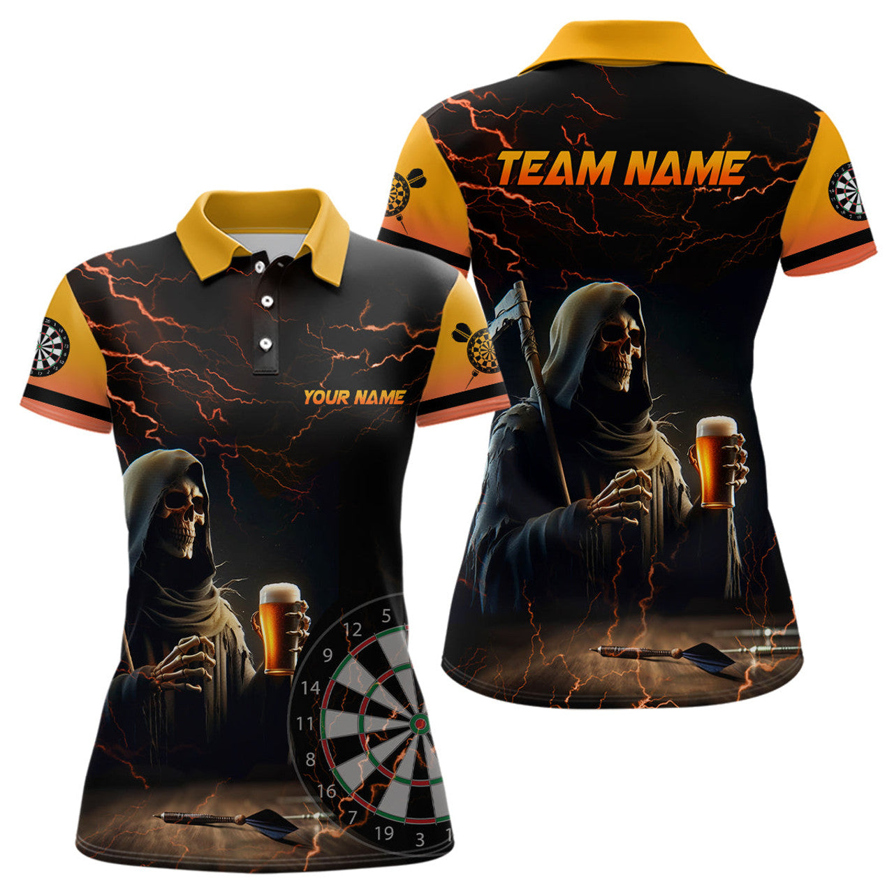 Custom Funny Death Skull Beer Darts Polo Shirts For Women Custom Beer And Player Darts Jerseys
