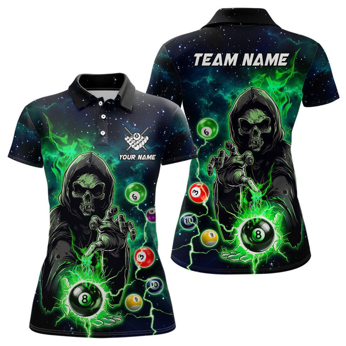 Custom Green Billiard Death Skeleton Women Polo Shirts Customized Team League Billiard Jerseys