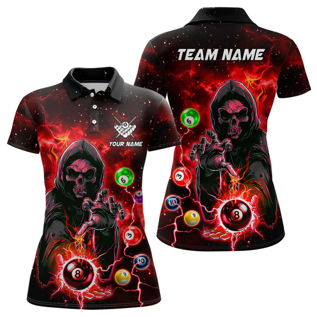 Custom Red Billiard Death Skeleton Women Polo Shirts Customized Team League Billiard Jerseys