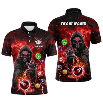 FUNSTUFFPRINT Red Billiard Death Skeleton Men Polo, Customized Team League Billiard Polo Shirt Size S-5XL