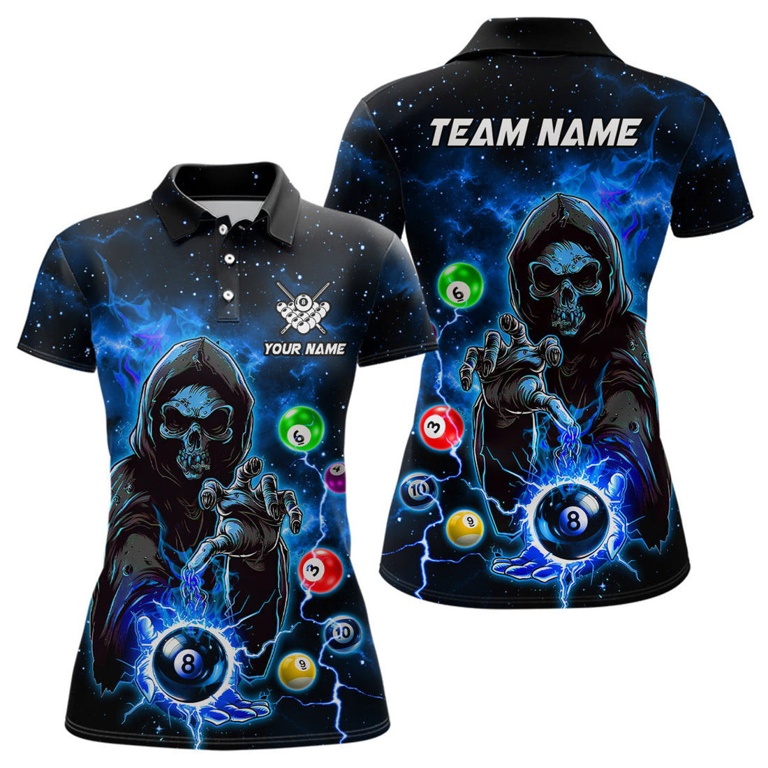 Custom Blue Billiard Death Skeleton Women Polo Shirts Customized Team League Billiard Jerseys