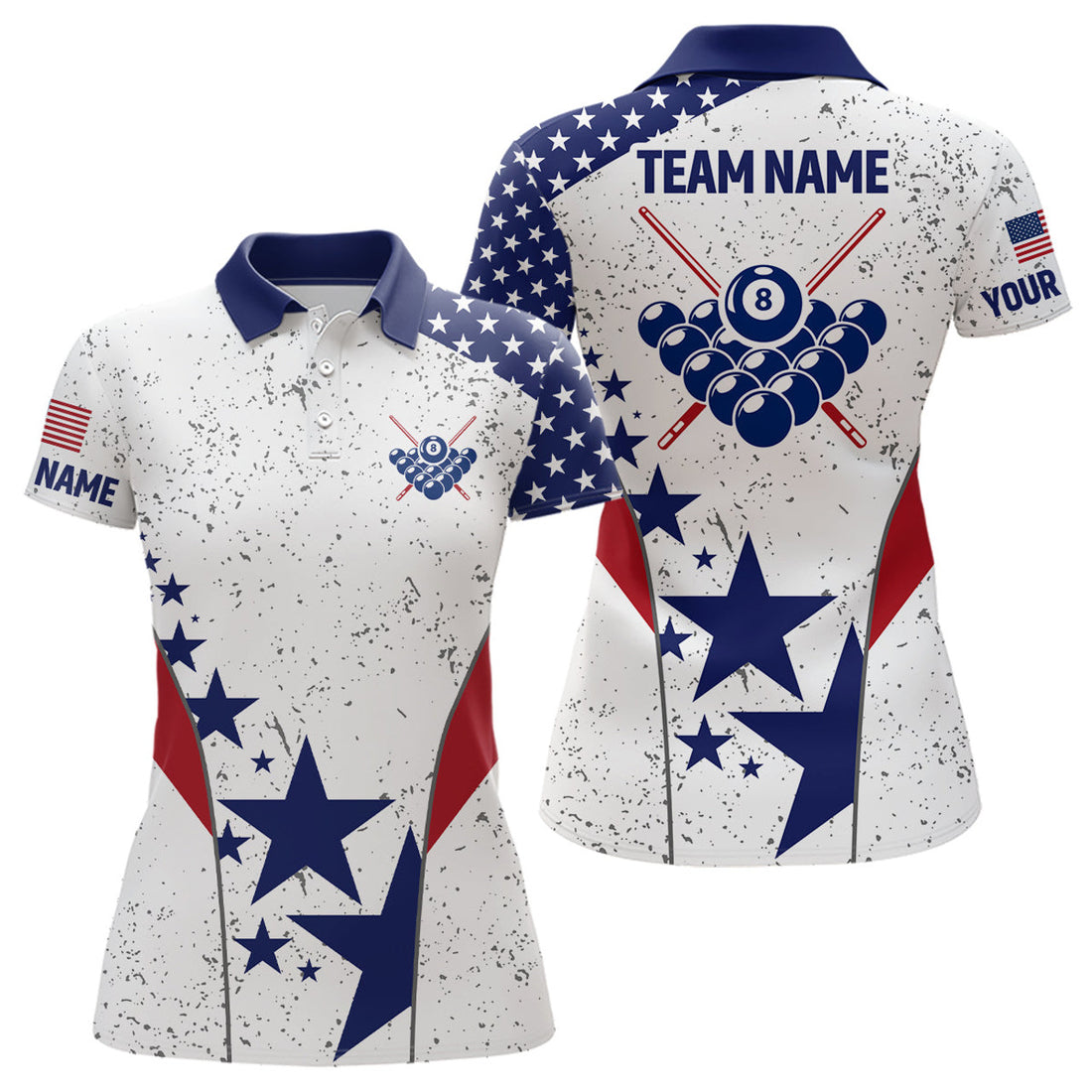 Custom Personalized Vintage USA Flag Billiard Polo Shirts For Women, Custom Patriotic 8 Ball Billiard Jersey