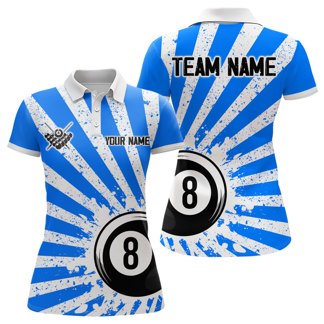 Custom Funny Grunge Billiard 8 Ball Women Polo, Custom Blue 8 Ball Pool Jerseys Attire