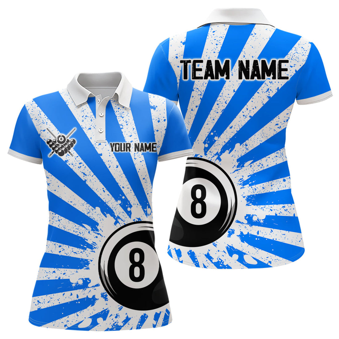 Custom Funny Grunge Billiard 8 Ball Women Polo, Custom Blue 8 Ball Pool Jerseys Attire