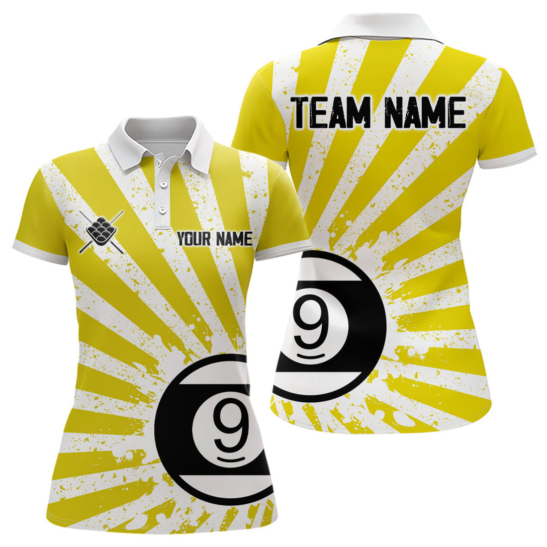 Custom Funny Grunge Billiard 9 Ball Women Polo Shirts Custom Yellow 9 Ball Pool Jerseys Attire