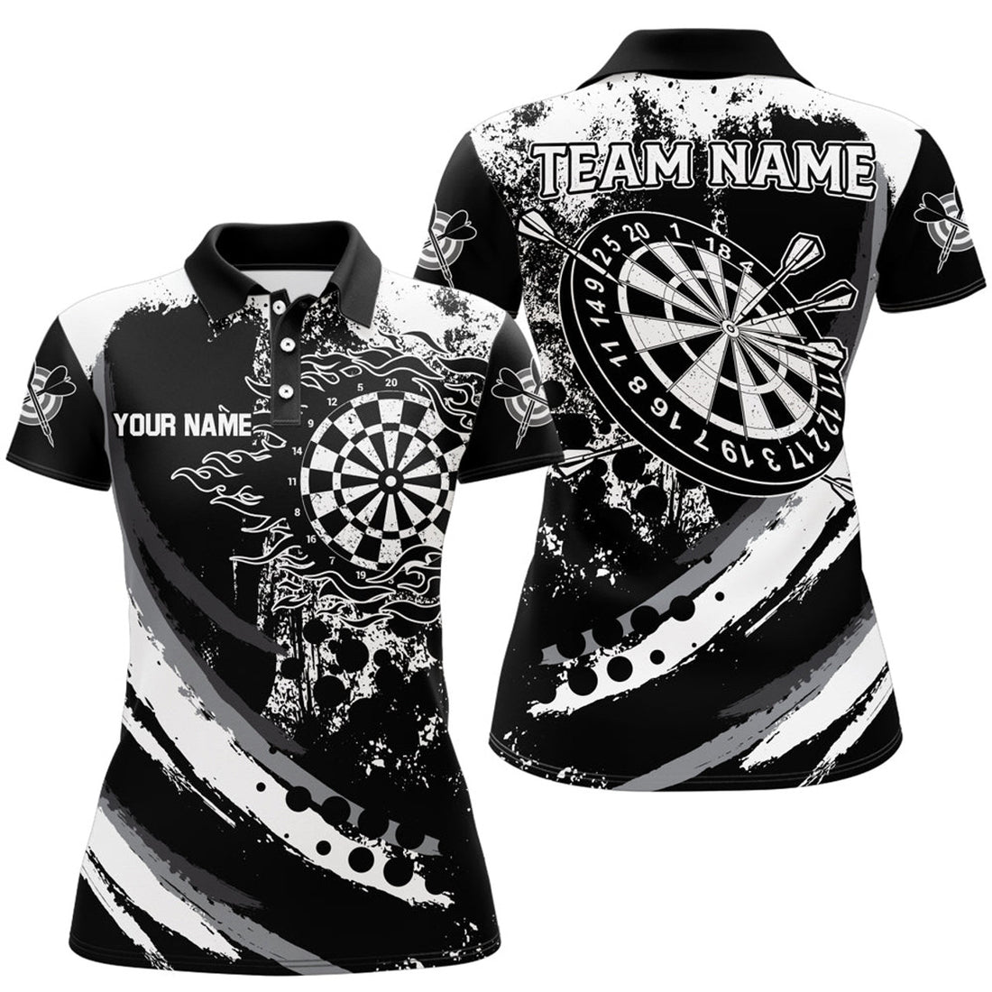Custom Grunge Black Darts Flame Women Polo Shirts, Retro Darts Shirts Team Jerseys