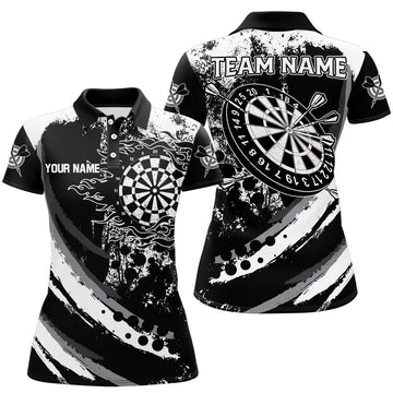Custom Grunge Black Darts Flame Women Polo Shirts, Retro Darts Shirts Team Jerseys