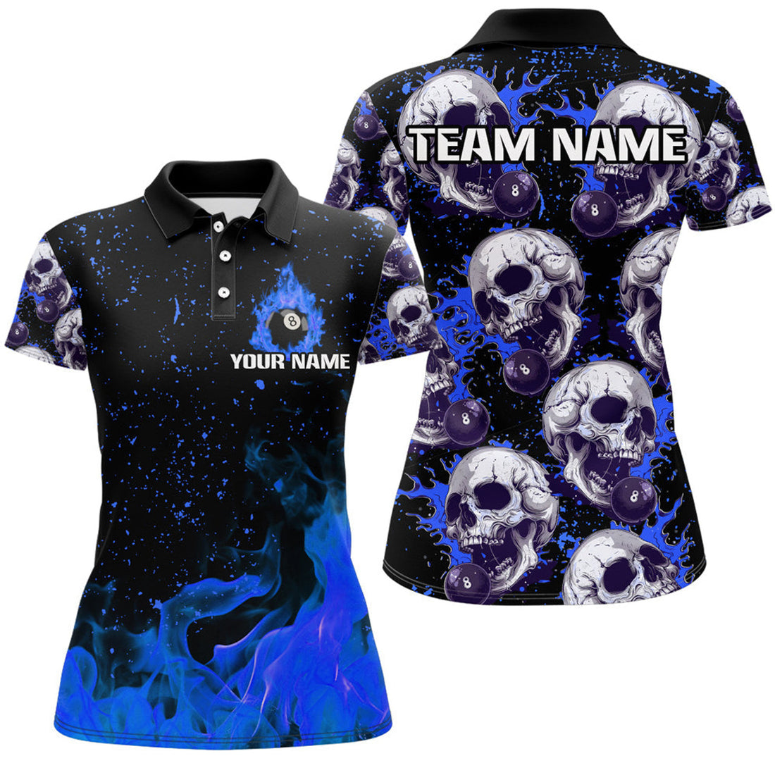 Customized Blue Billiard Skull Fire 8 Ball Women Polo, Grunge Pool Team Jerseys