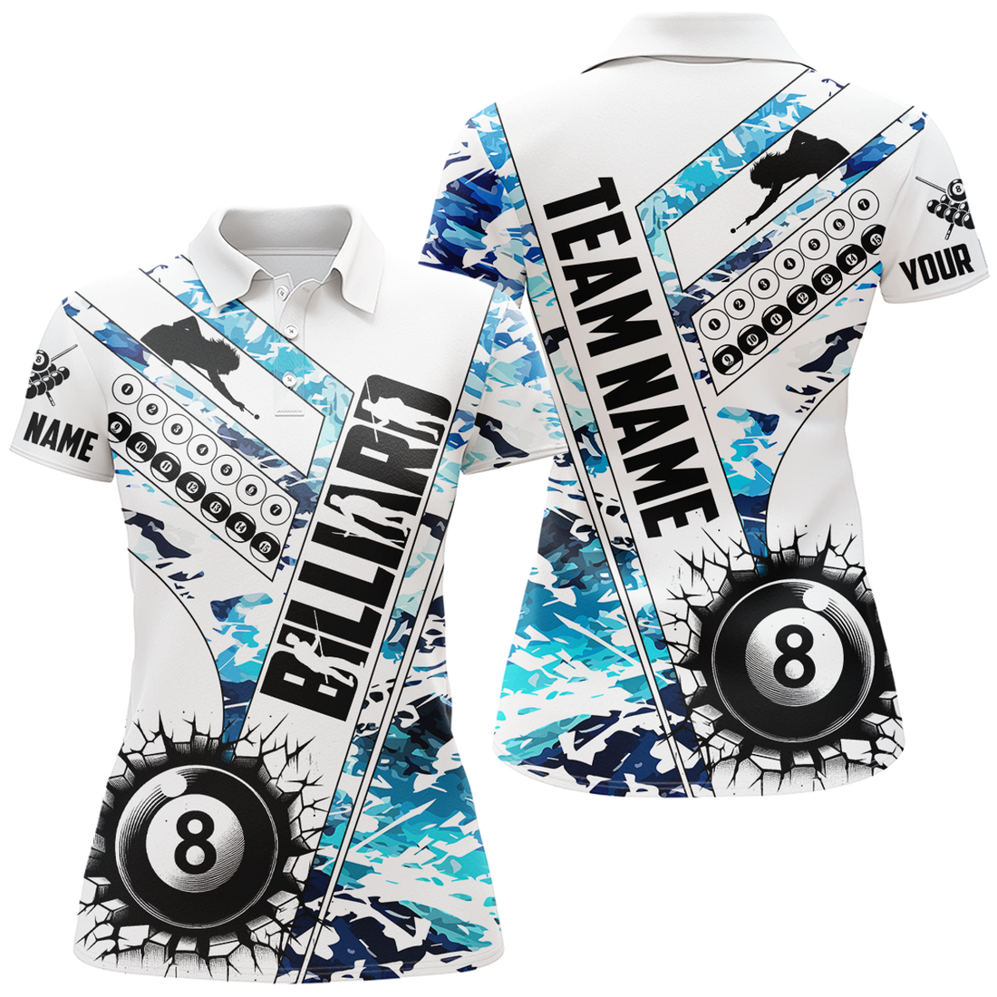 Custom Cracky Billiard 8 Ball Pool With Camo Women Polo Shirts Custom Team League Billiard Shirts| Blue