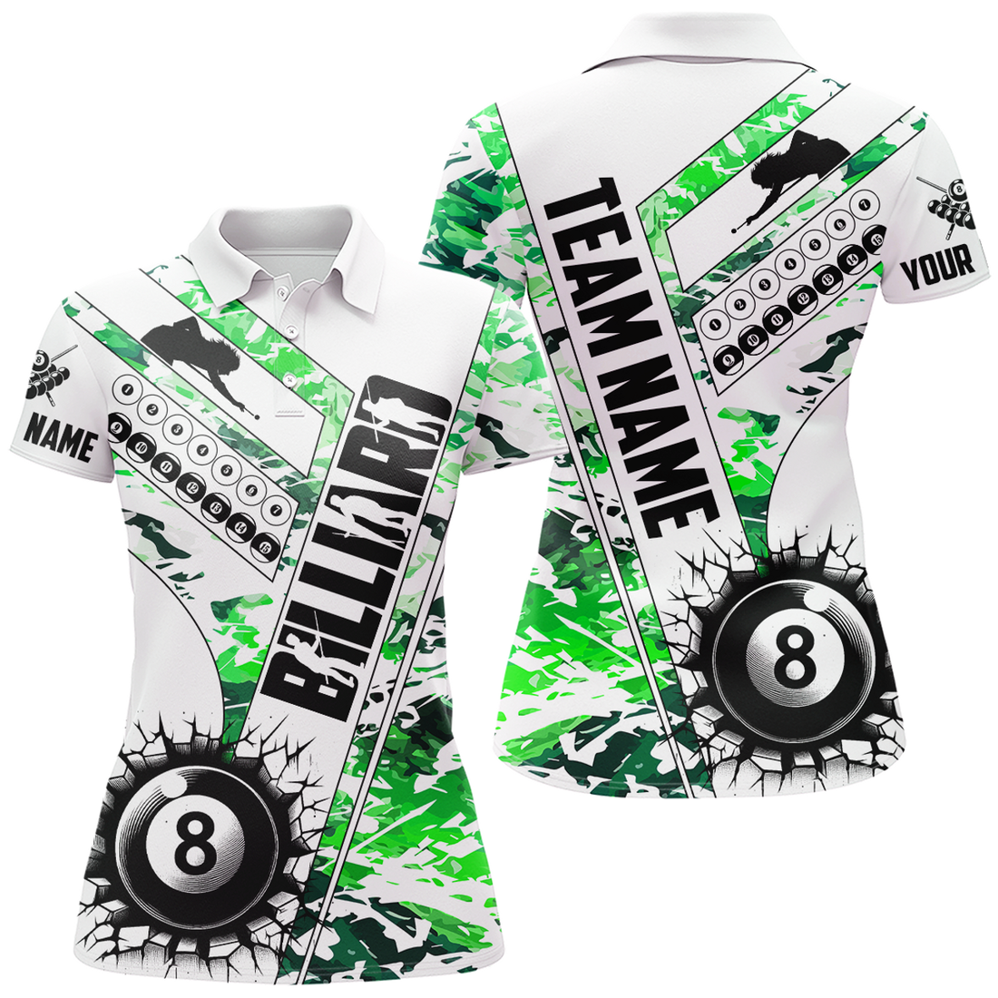 Custom Cracky Billiard 8 Ball Pool With Camo Women Polo Shirts Custom Team League Billiard Shirts| Green