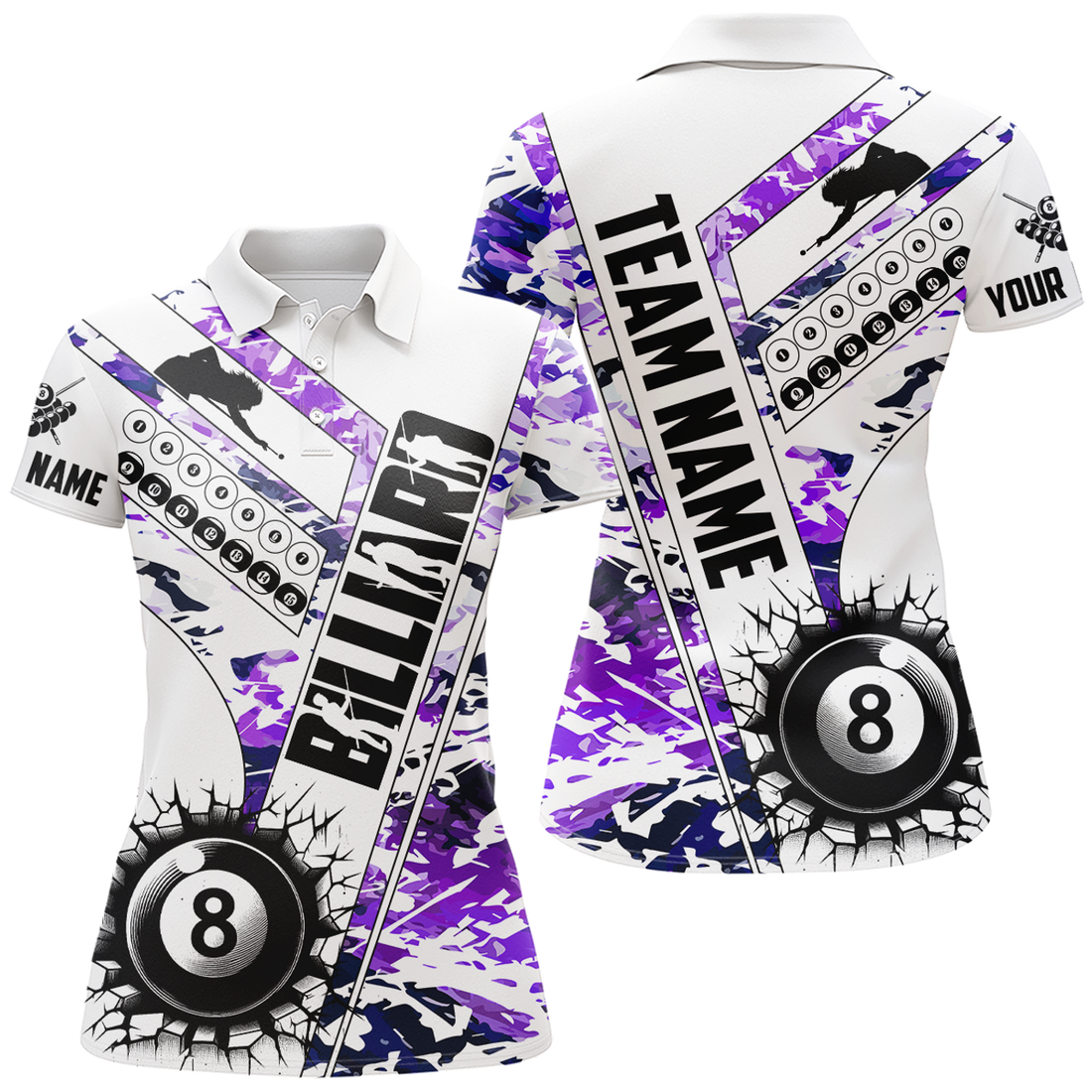 Custom Cracky Billiard 8 Ball Pool With Camo Women Polo Shirts Custom Team League Billiard Shirts| Purple