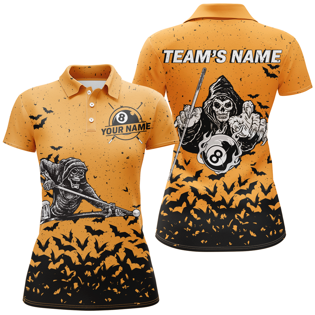 Custom Name Orange Skeleton Billiard Polo Shirts For Women Best Halloween Billiard Gifts For Player