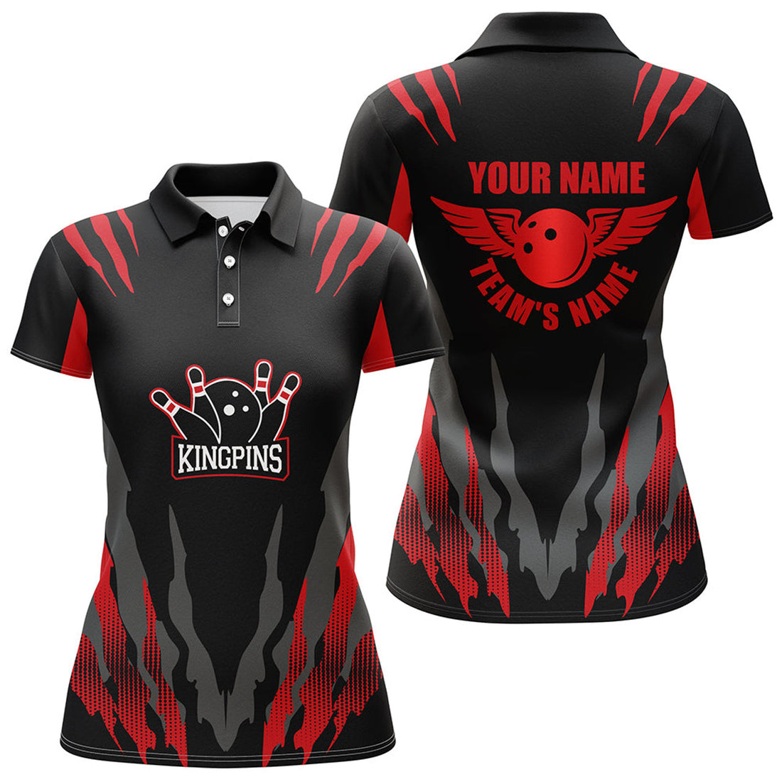 Custom Bowling Shirt for Women, Kingpins Red Polo Bowling Shirt with Name, Ladies Bowlers Jersey