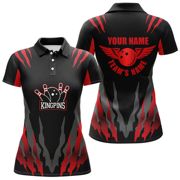 Custom Bowling Shirt for Women, Kingpins Red Polo Bowling Shirt with Name, Ladies Bowlers Jersey