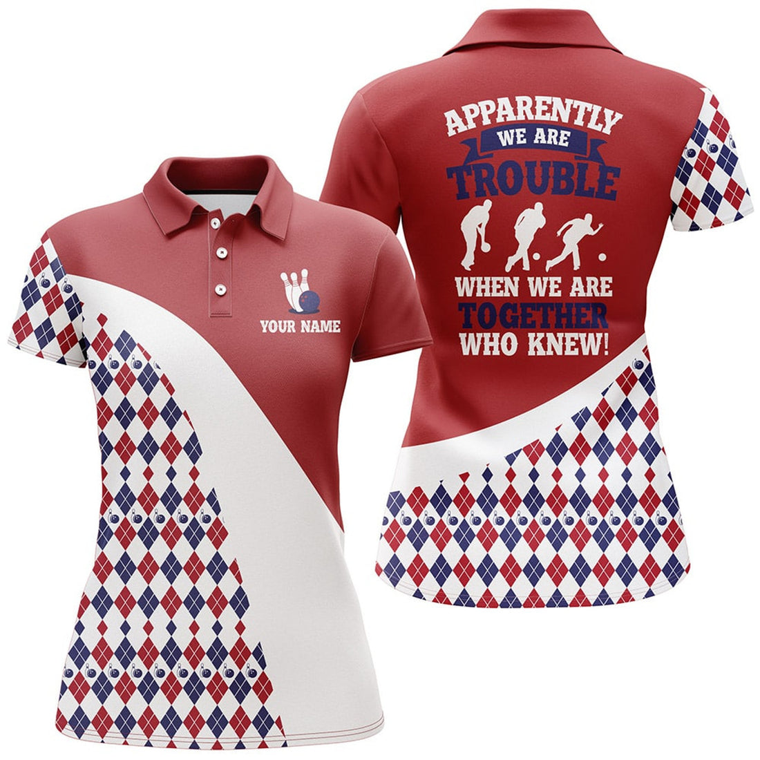 Custom Personalized Women Bowling Shirt Red Argyle Bowling Jersey with Name Ladies Bowling League Polo