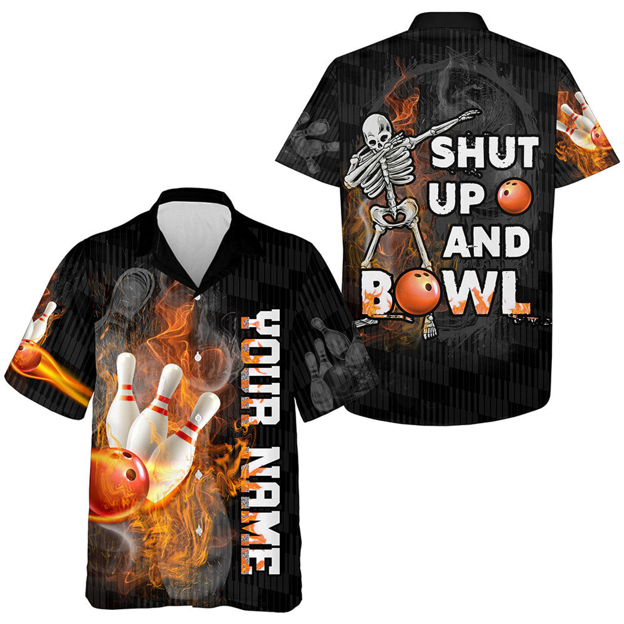 Custom Shut Up and Bowl Funny Hawaiian Bowling Shirt Personalized Flame Bowling Skull Bowler Hawaiian Shirt, Skull Shirt