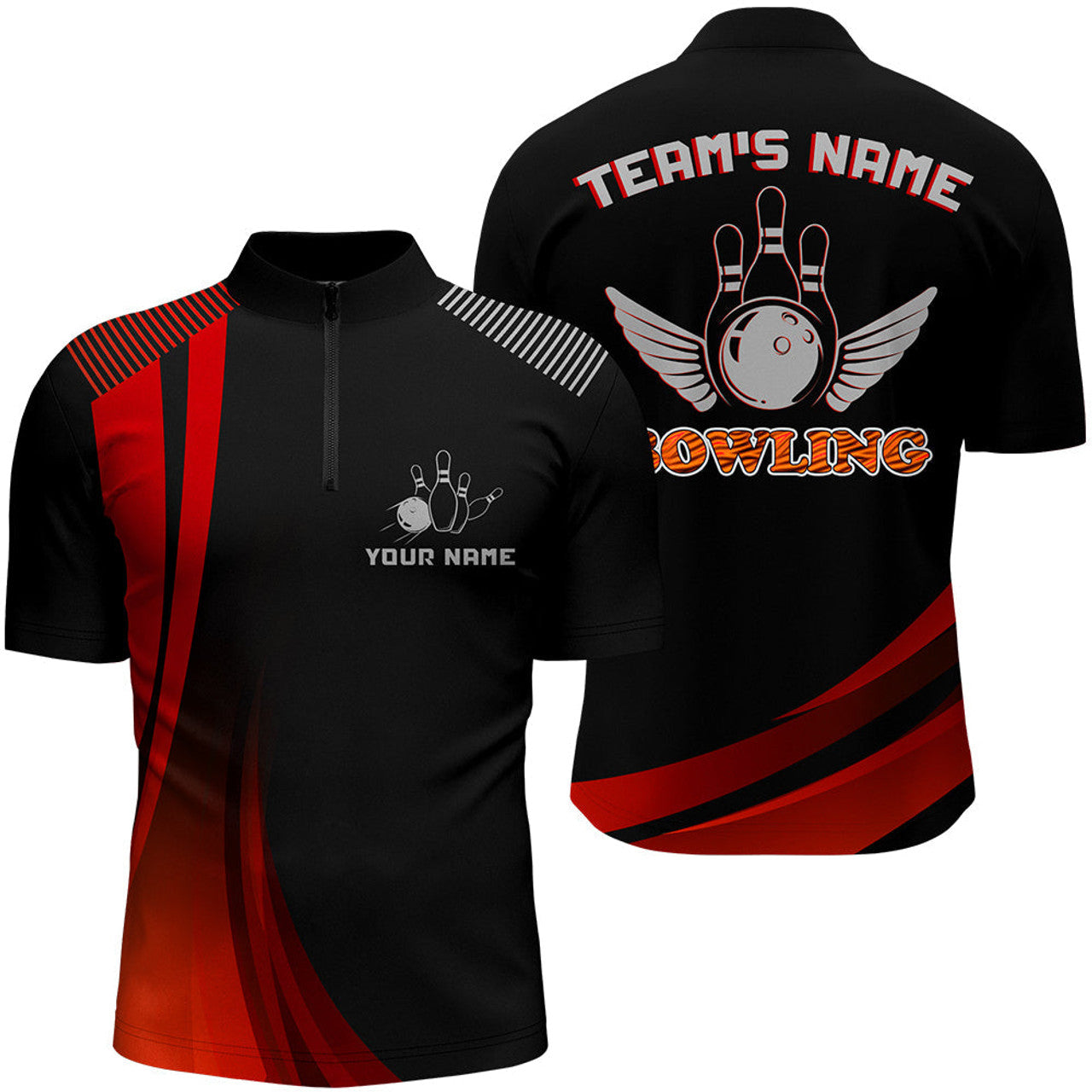 Custom Bowling Shirt for Men, Red & Black Bowling Jersey with Name League Bowling Quarter-Zip