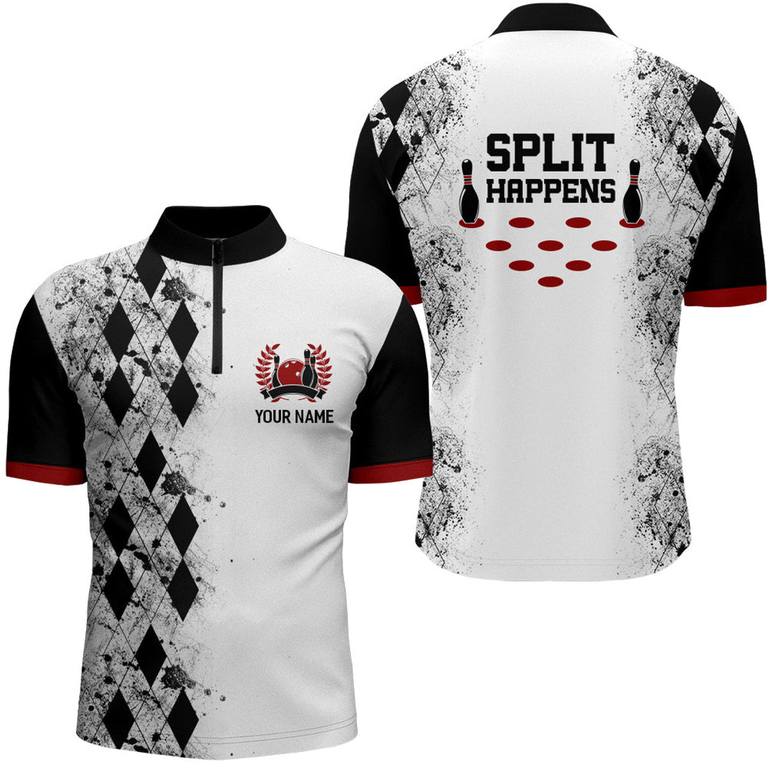 Custom Split Happens Personalized Bowling Shirt for Men League Bowling Jersey with Name Men Quarter-Zip