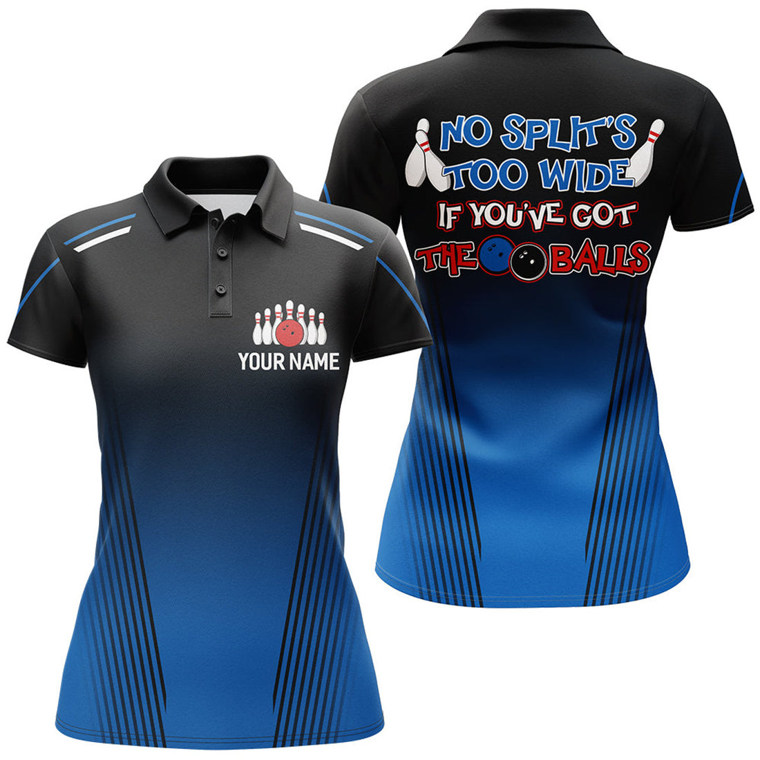 Custom Blue Bowling Shirt for Women, Ladies Bowling Polo with Name No Split's Too Wide Bowler Shirt