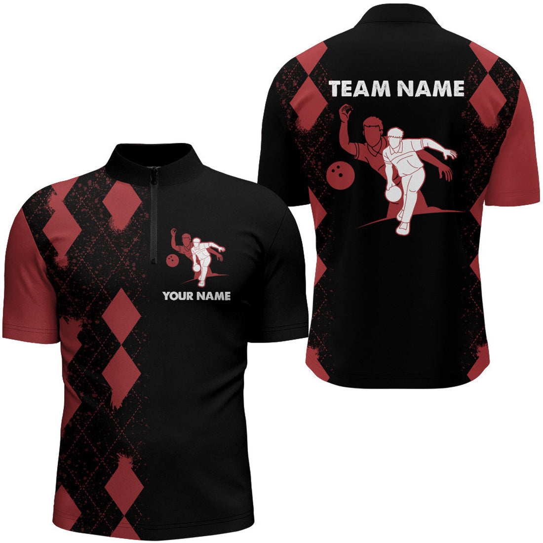 Custom Men's Bowling Shirt Personalized Name Red Black Quarter-Zip Bowler Team Shirt for Bowling Lovers