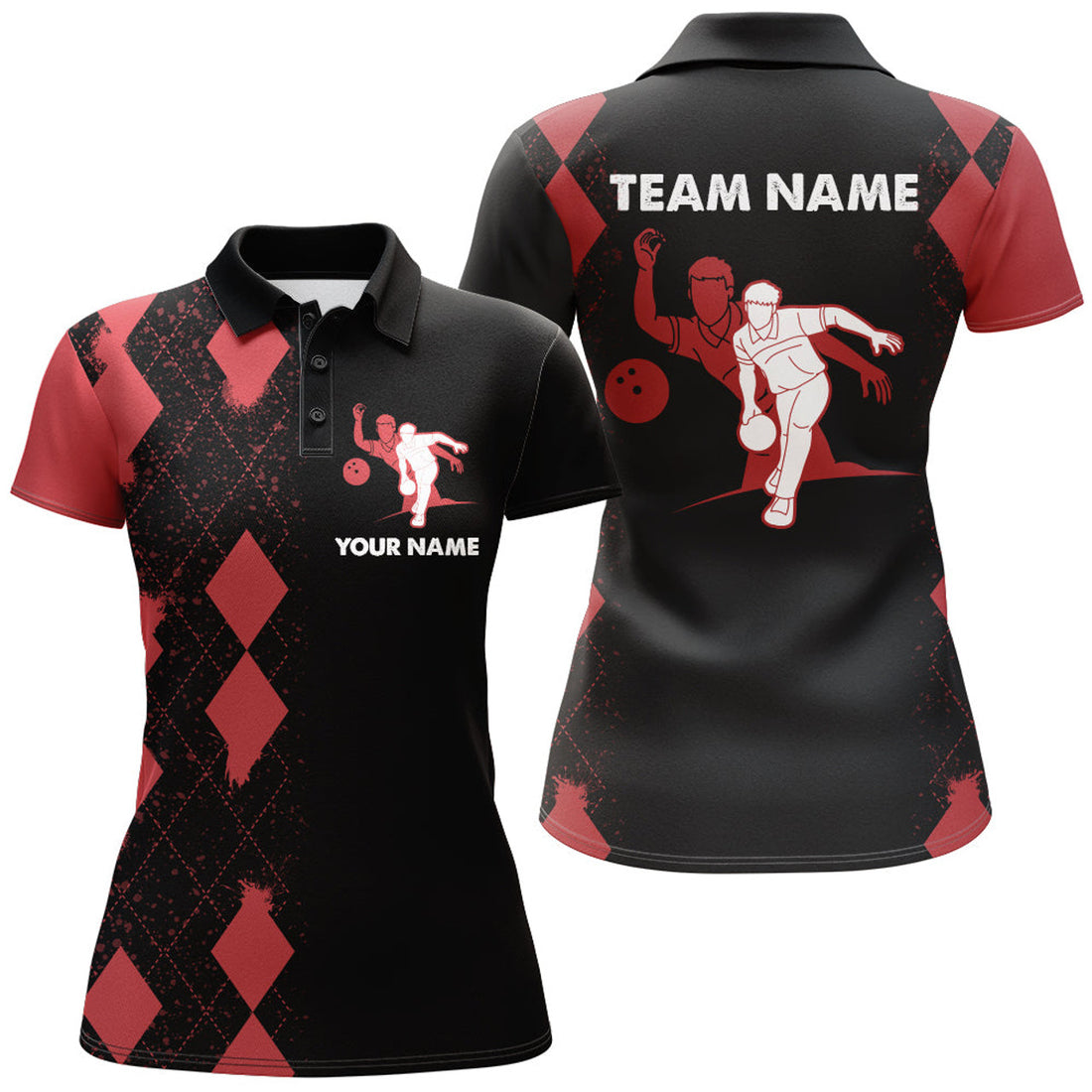 Custom Women Polo Bowling Shirt Personalized Name Red&Black Bowler Team Shirt for Bowling Lovers