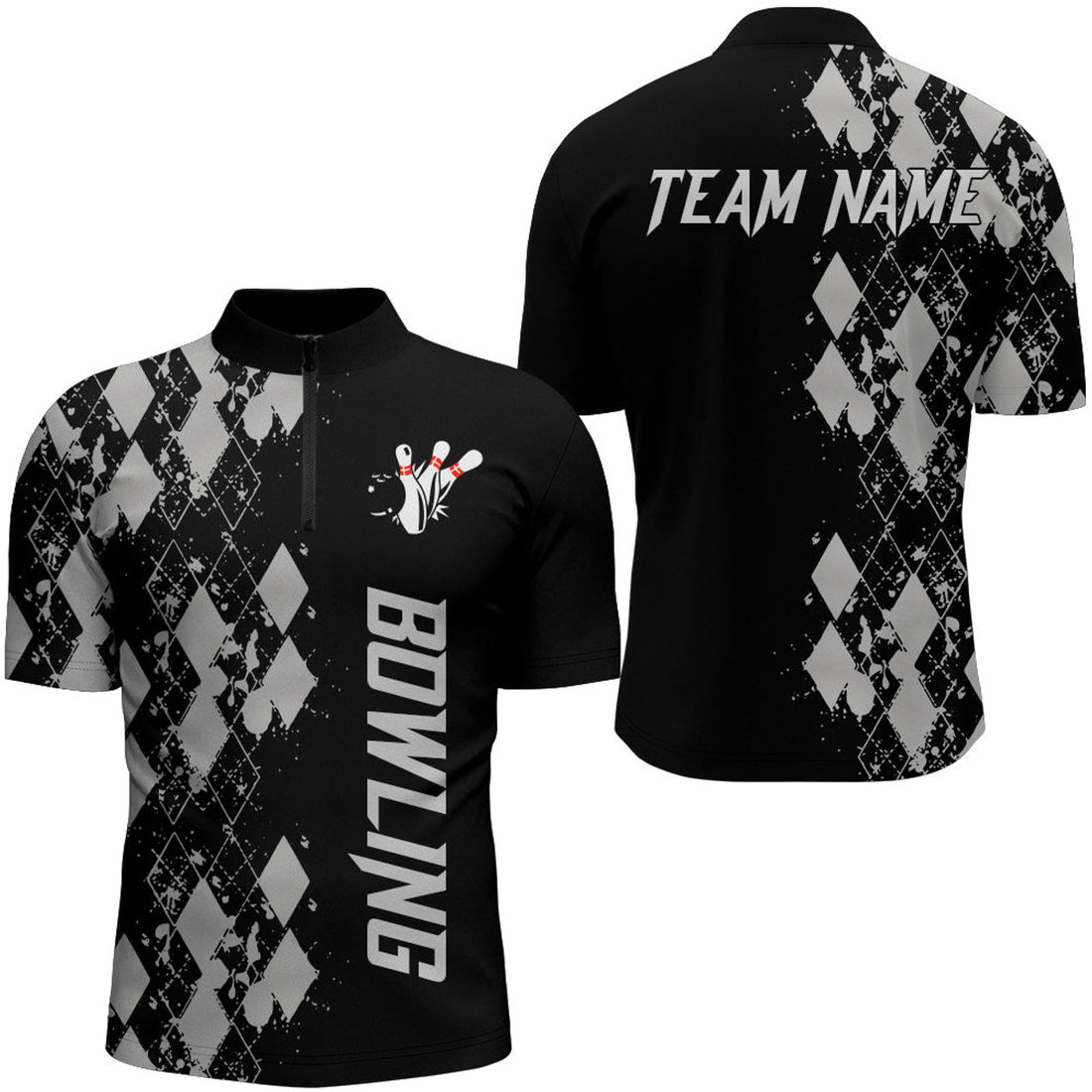 Custom Personalized Men Bowling Shirt Quarter-Zip Custom Name Argyle Pattern Bowler Team Shirt